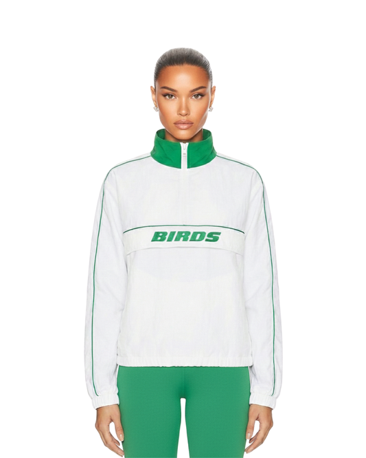 Model wearing a zipped-up South & Green BIRDS Windbreaker with a pair of South & Green Kelly Green Yoga Pants.