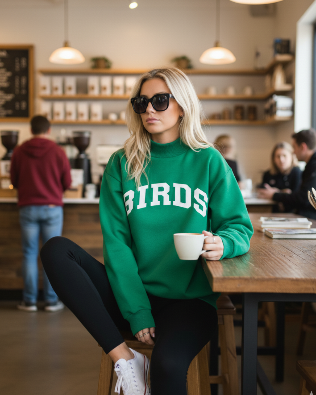 Woman wearing South & Green BIRDS Varsity Mockneck while holding a cup in a coffee shop.