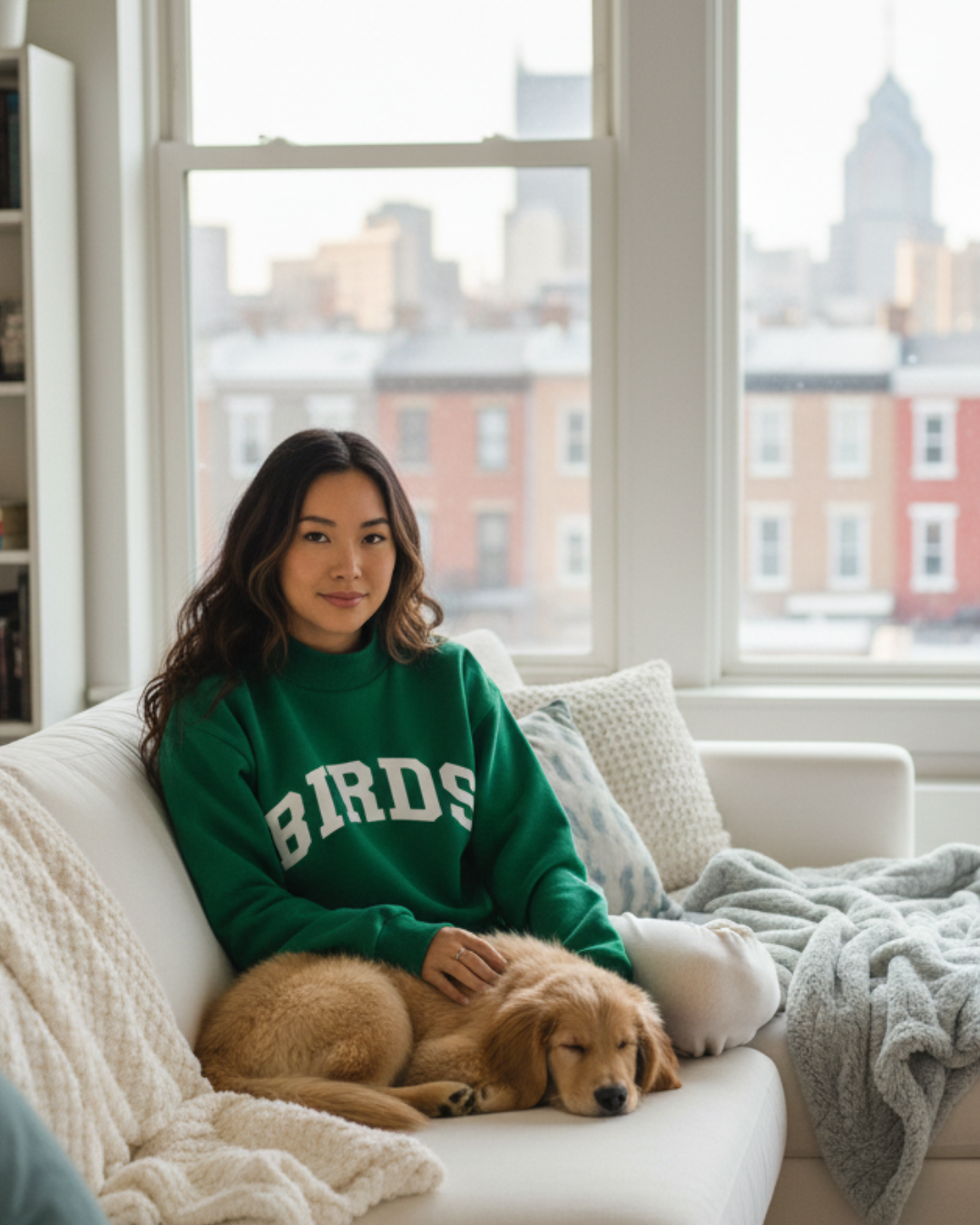 Woman wearing South & Green BIRDS Varsity Mockneck while sitting on a couch with a dog and a large window showcasing the Philadelphia, PA, cityscape in the background.