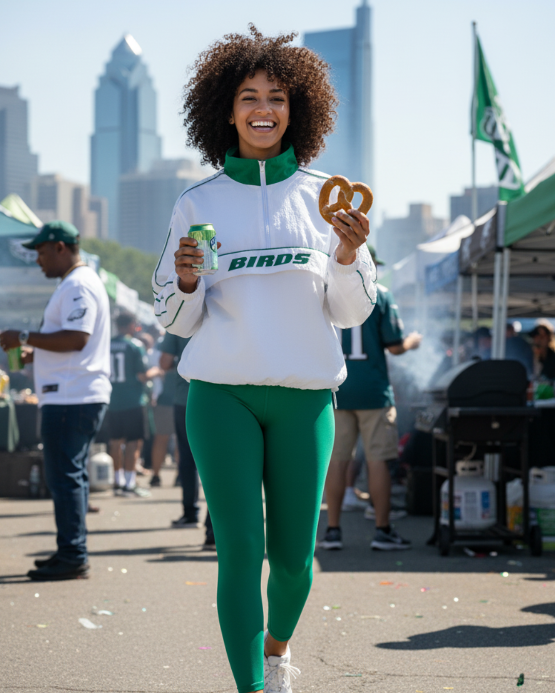 Woman wearing the South & Green BIRDS Windbreaker and Kelly Green Yoga Pants at a tailgate with the Philadelphia, PA, city skyline in the background.