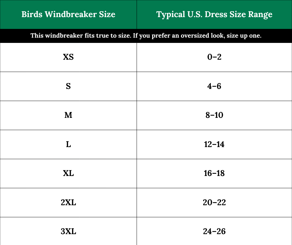 South & Green BIRDS Windbreaker size chart comparing sizes to typical U.S. dress sizes.