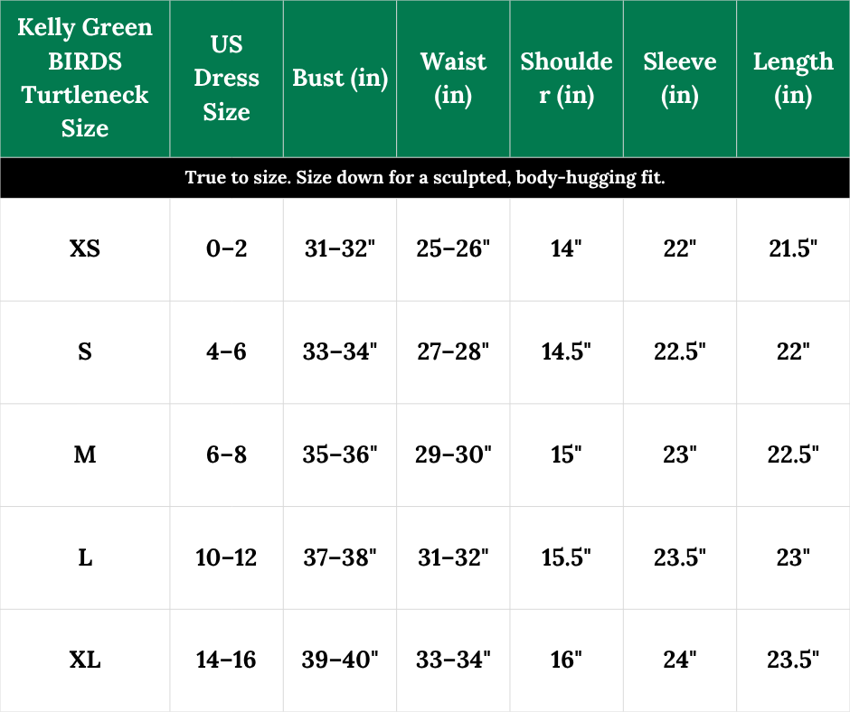 Size chart for Kelly Green BIRDS Turtleneck from South & Green with measurements in inches.