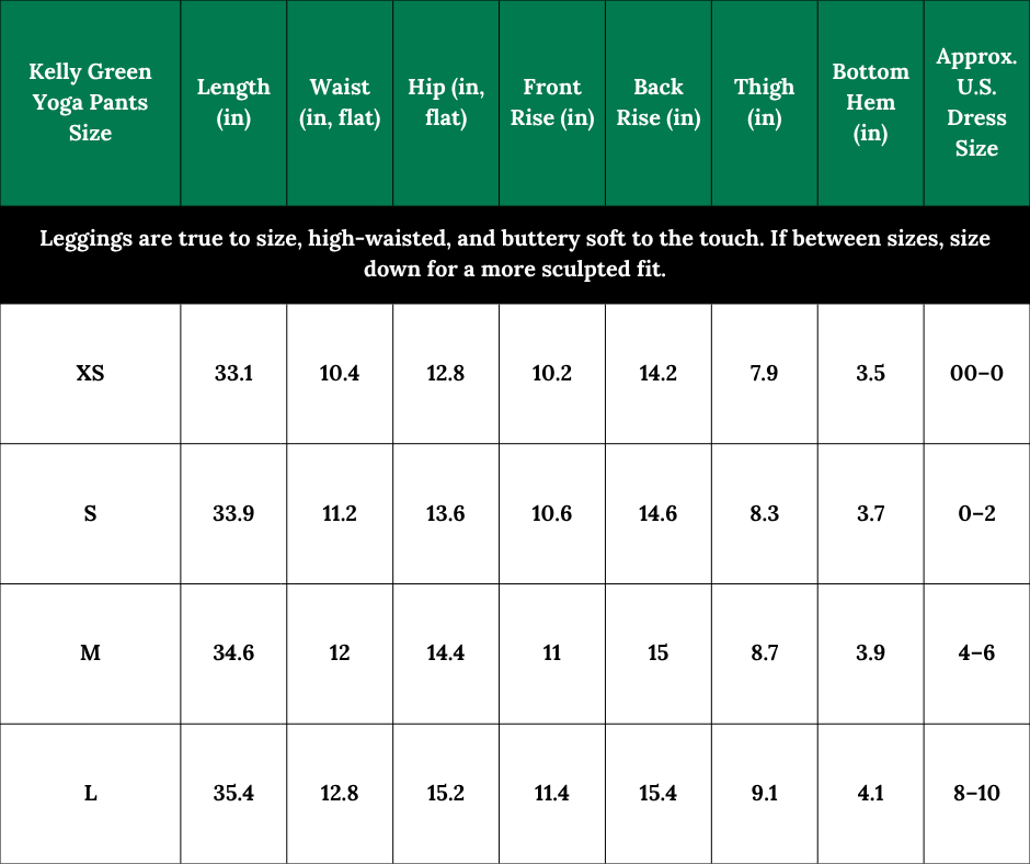 Size chart for the Kelly Green Yoga Pants from South & Green with measurements and U.S. dress size approximations.
