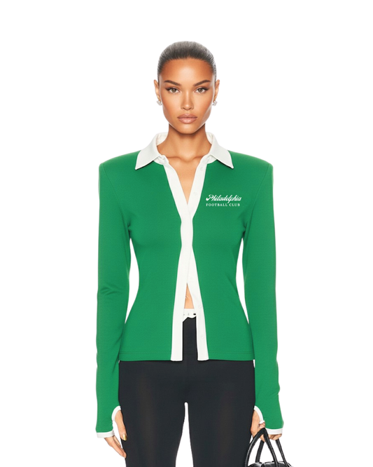 Model wearing South & Green's Limited-Edition Philadelphia Football Club Polo Top