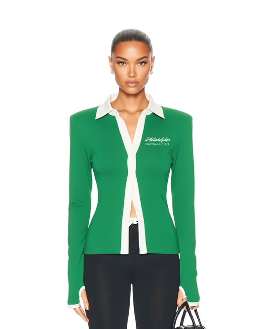 Model wearing South & Green's Philadelphia Football Club Polo Top