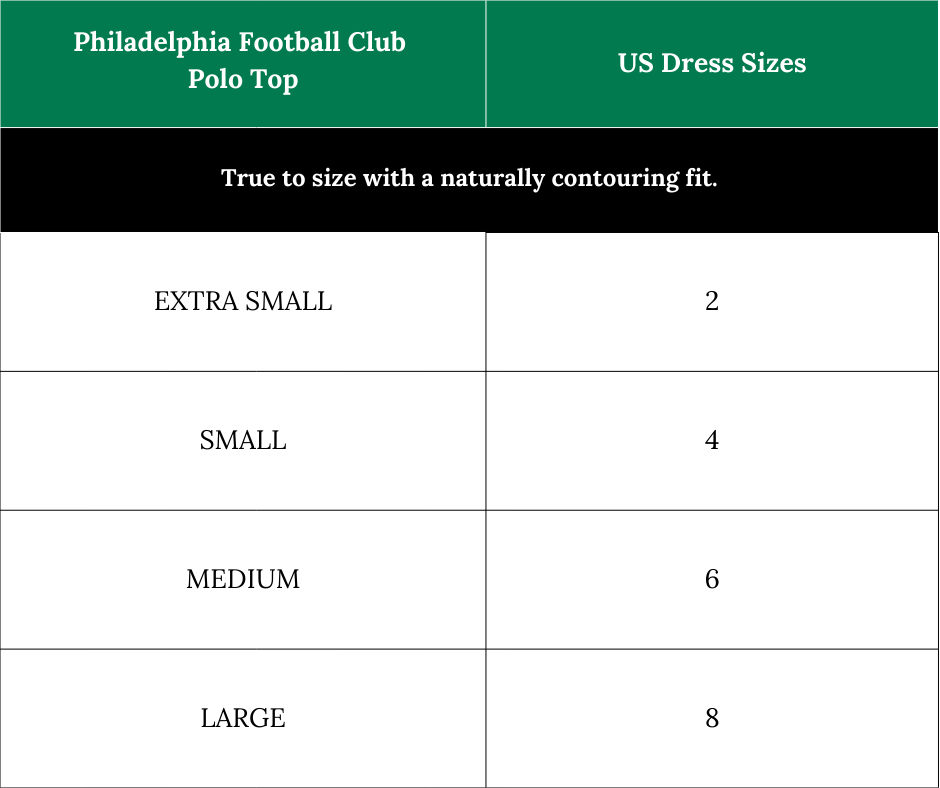 Size chart for South & Green's Limited-Edition Philadelphia Football Club Polo Top.