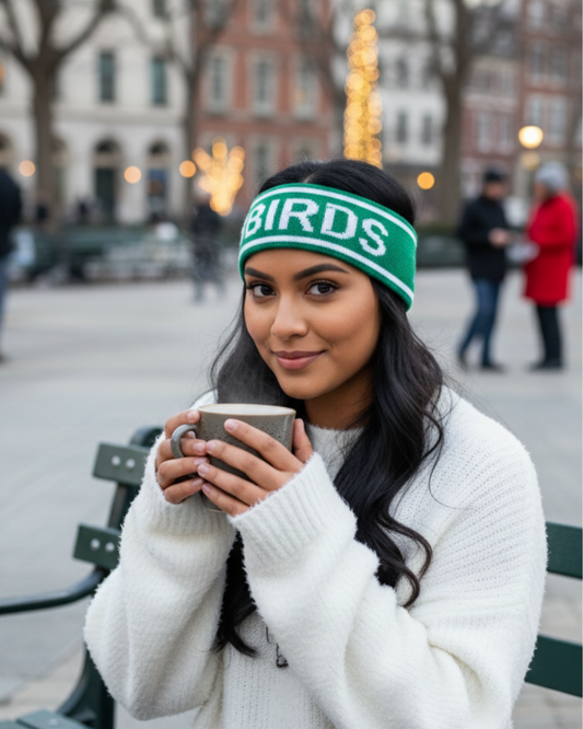 Woman wearing the Kelly Green BIRDS Ski Headband from South & Green, holding a mug outdoors.