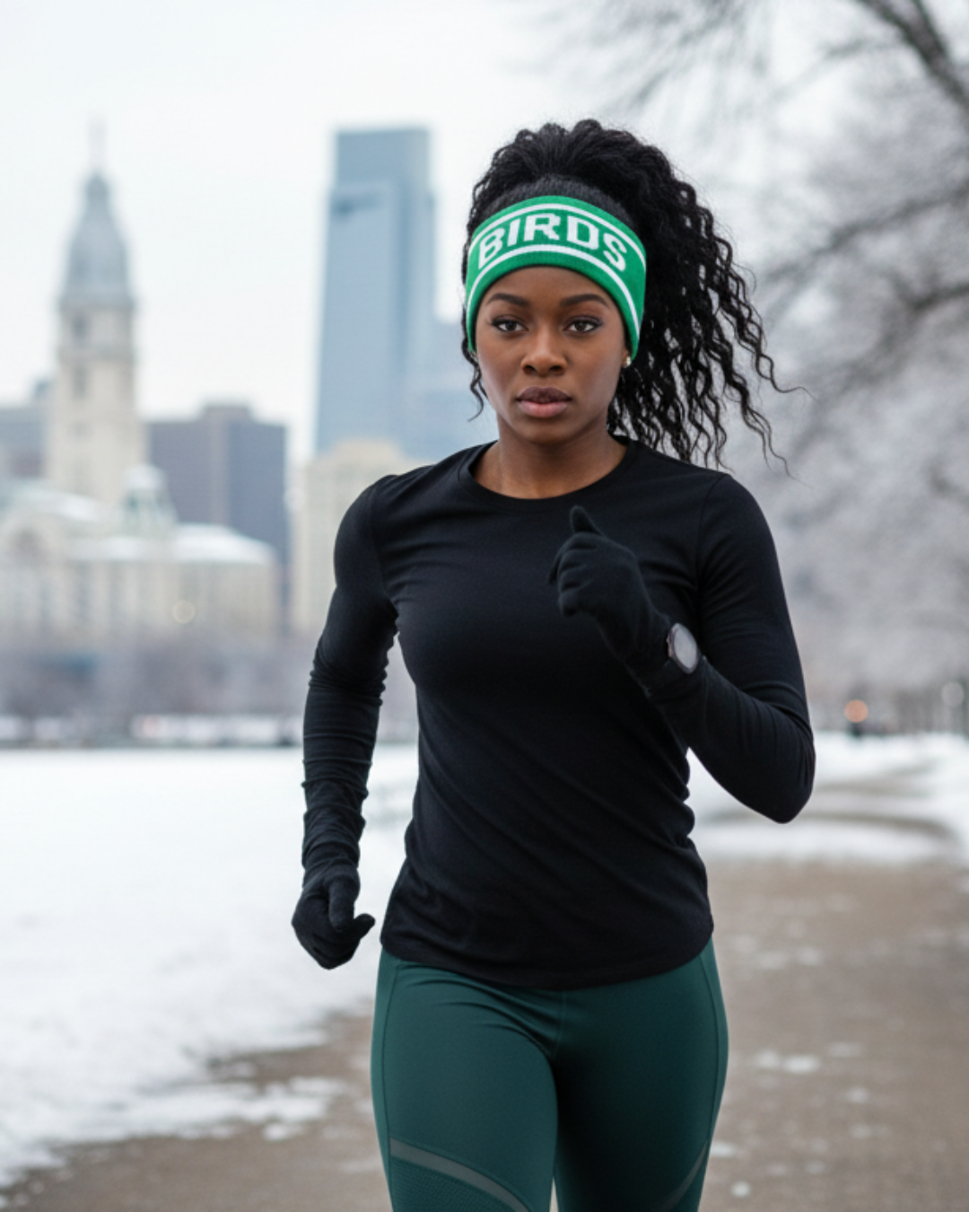 Woman wearing the Kelly Green BIRDS Ski Headband from South & Green while running with a Philadelphia, PA, cityscape in the background