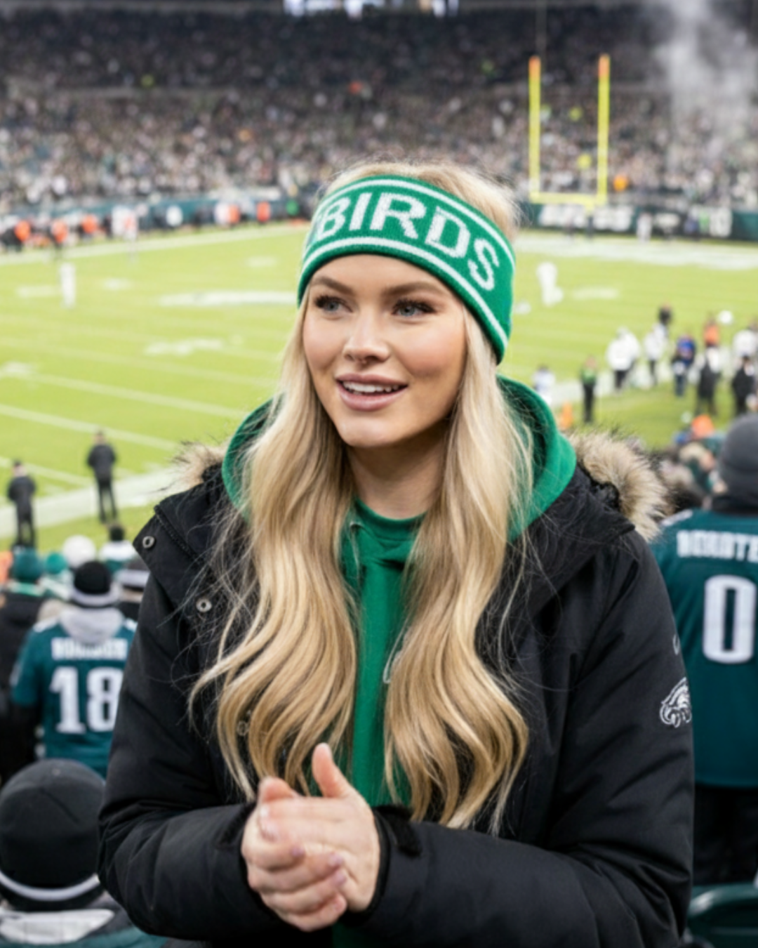 Woman wearing the Kelly Green BIRDS Ski Headband from South & Green at a sports event with a football field in the background.