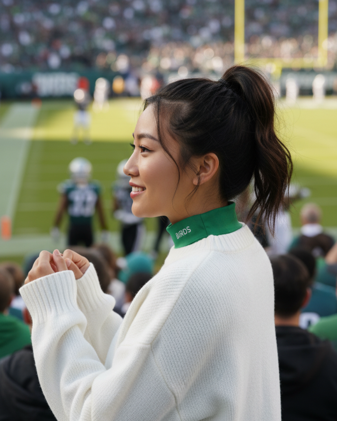 Woman in a white sweater with a Kelly Green BIRDS Turtleneck from South & Green layered underneath at a sports event.