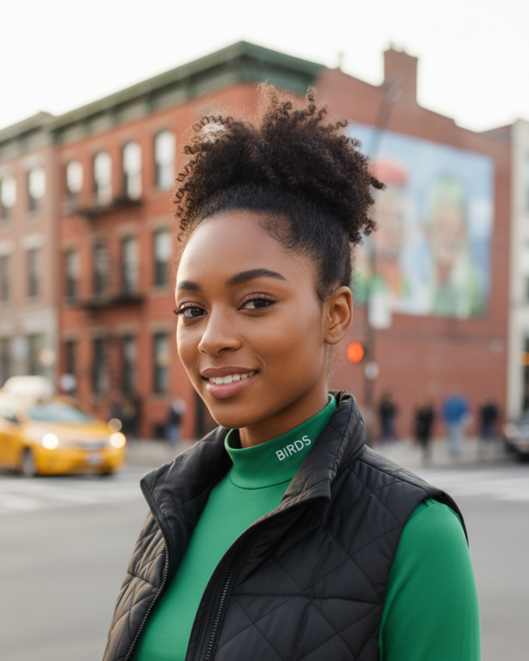 Woman in a Kelly Green BIRDS Turtleneck from South & Green and black vest standing on a city street with buildings and a taxi in the background.