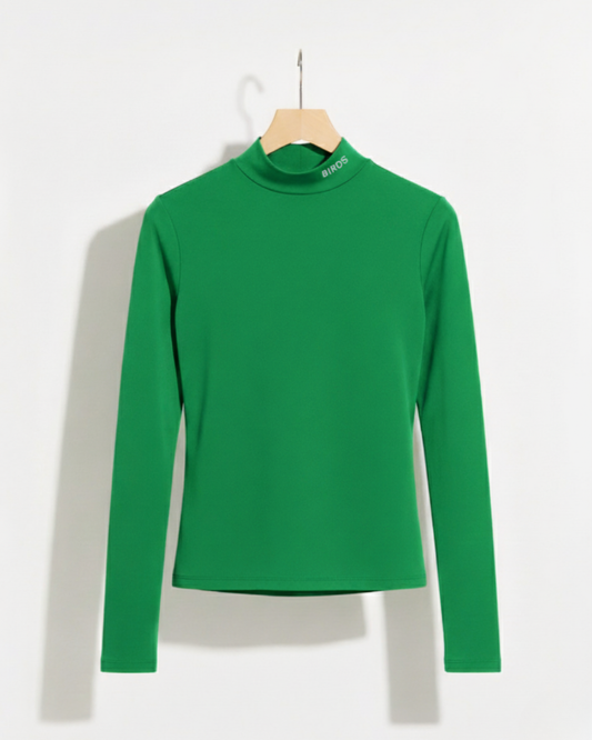 Kelly Green BIRDS turtleneck from South & Green on a hanger against a white background.