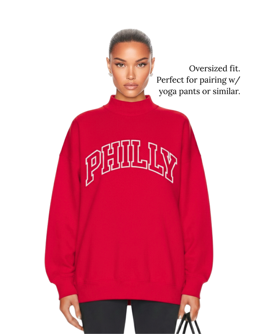 Model wearing S&G's Red PHILLY Varsity Mockneck