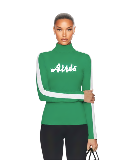 Model wearing S&G Retro BIRDS Mockneck