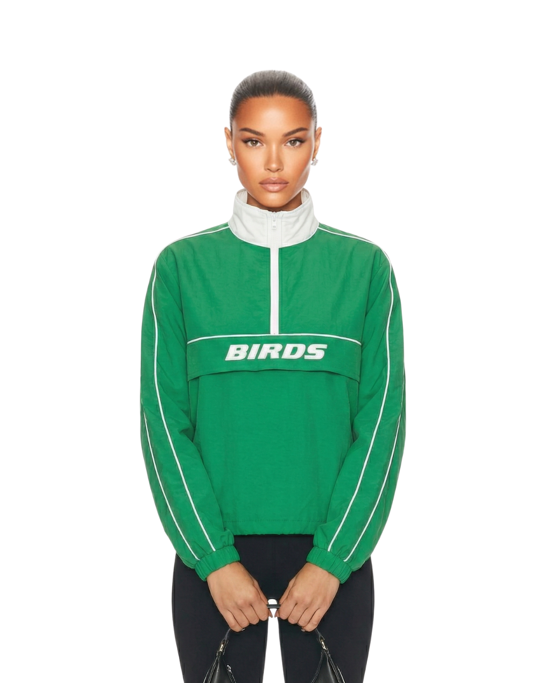 Model wearing a zipped-up South & Green Limited Edition Kelly Green BIRDS Windbreaker with a pair of Black Yoga Pants.