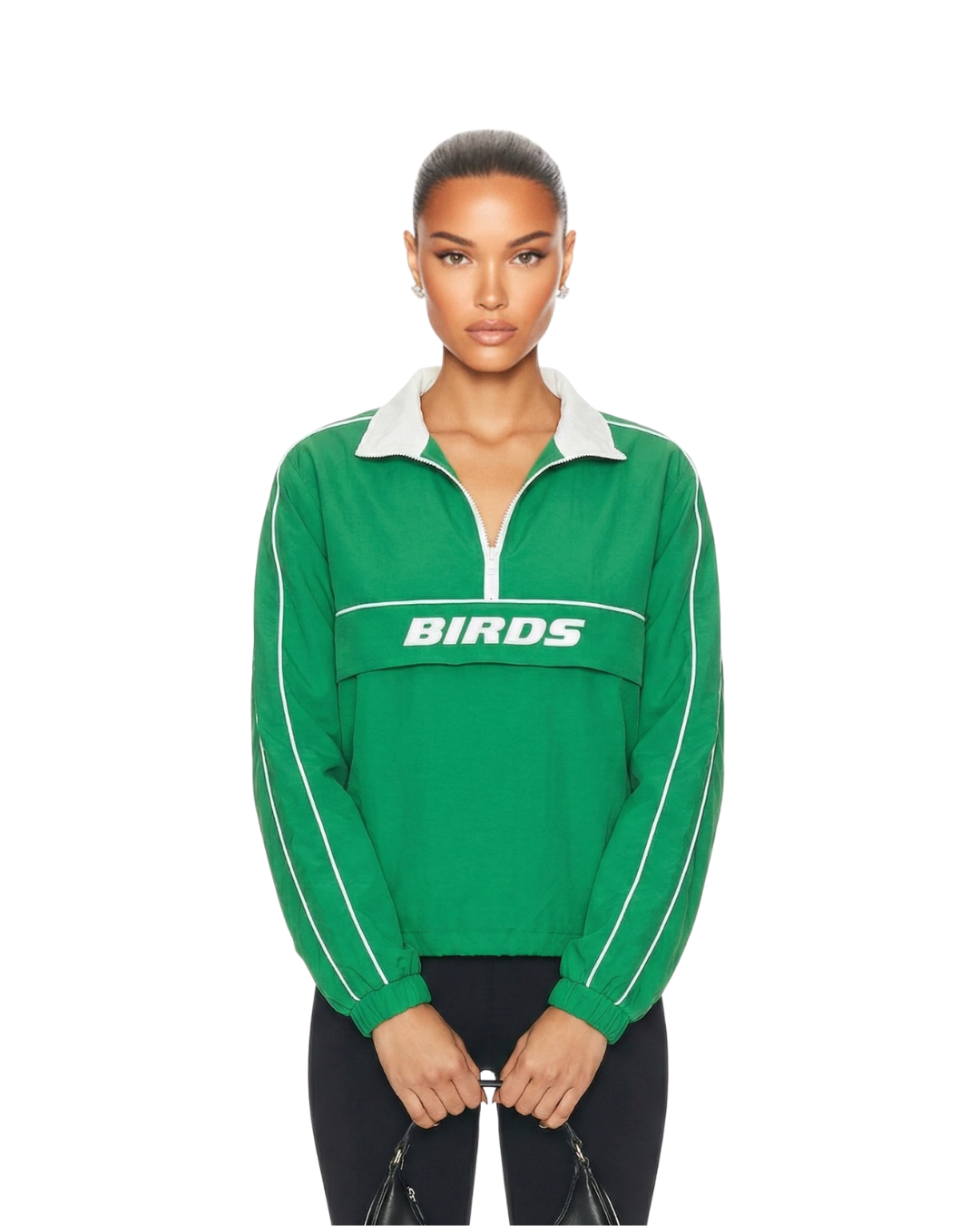 Model wearing a zipped-down South & Green Limited Edition Kelly Green BIRDS Windbreaker with a pair of Black Yoga Pants.