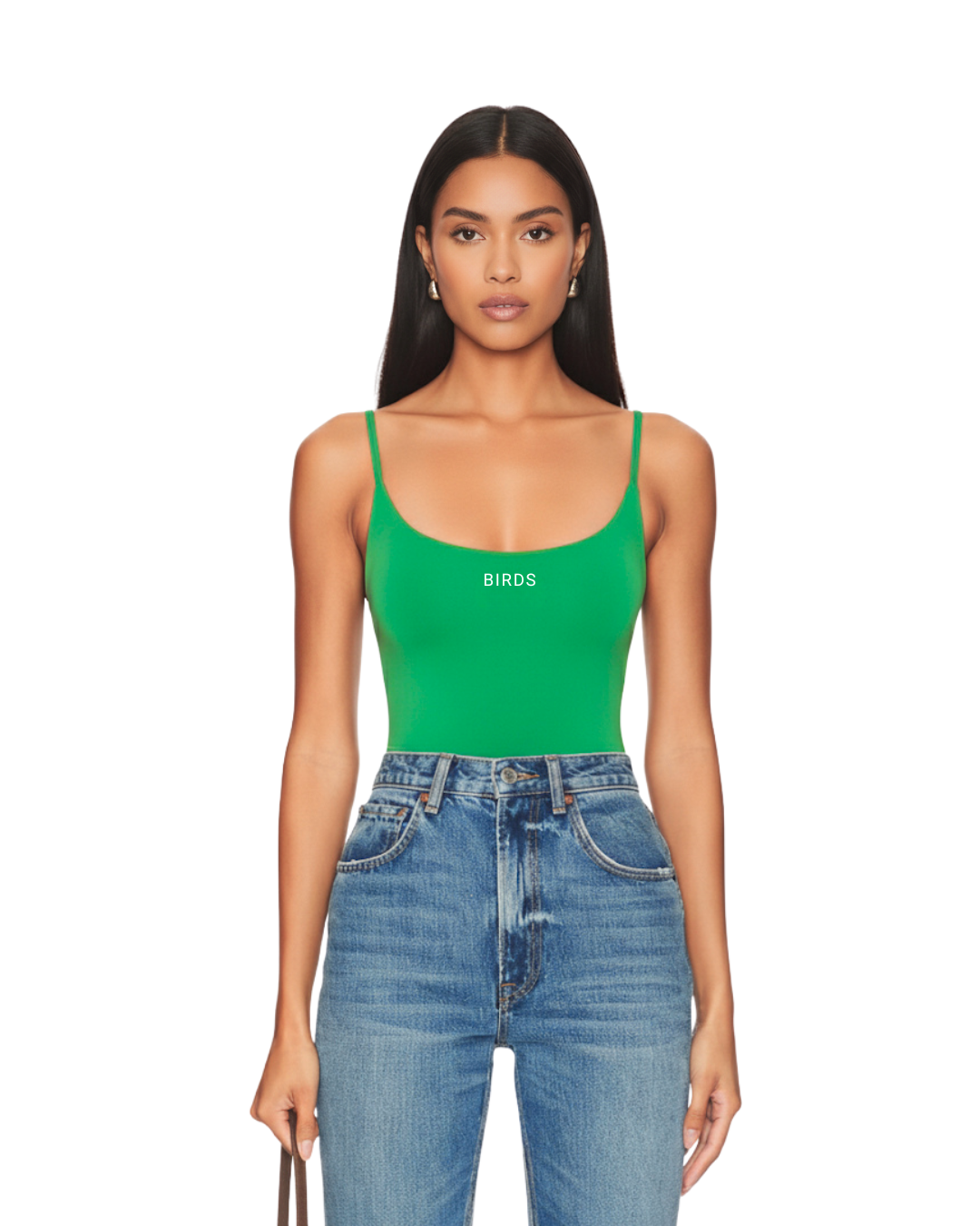 Model wearing S&G's Kelly Green BIRDS Bodysuit.