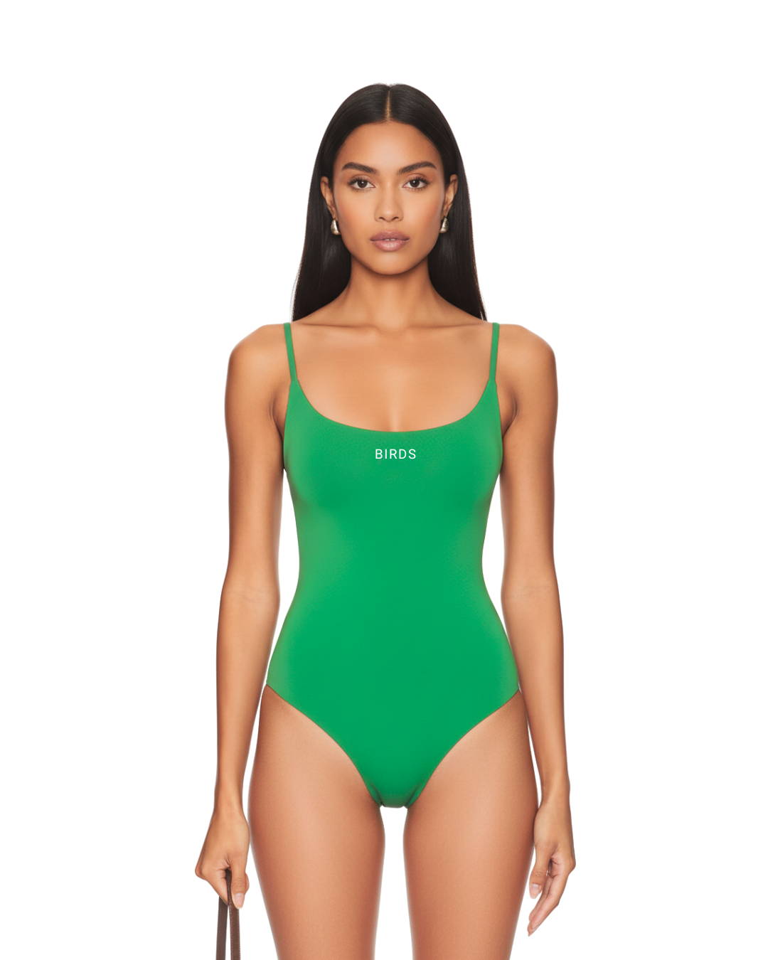 Model wearing S&G's Kelly Green BIRDS Bodysuit.