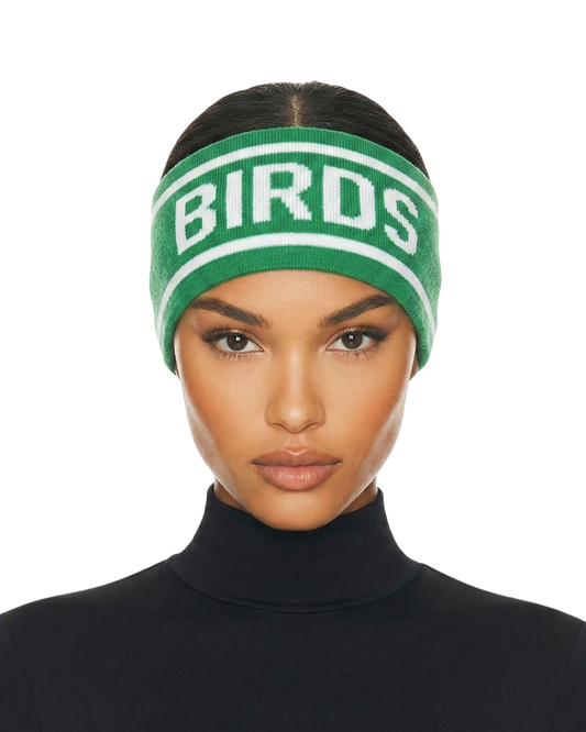 Model wearing South & Green's Kelly Green BIRDS Ski Headband.