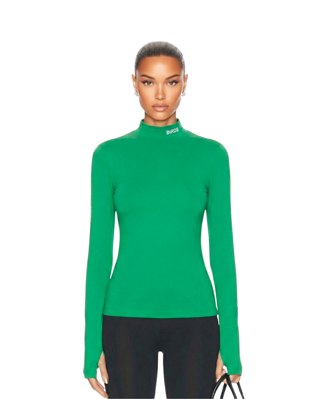 Model wearing South & Green's BIRDS Athletic Mockneck, standing in front of white background.