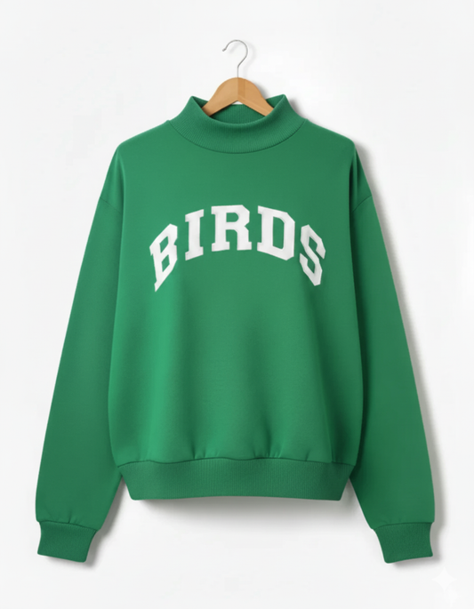 BIRDS Varsity Mockneck from South & Green on a white background.