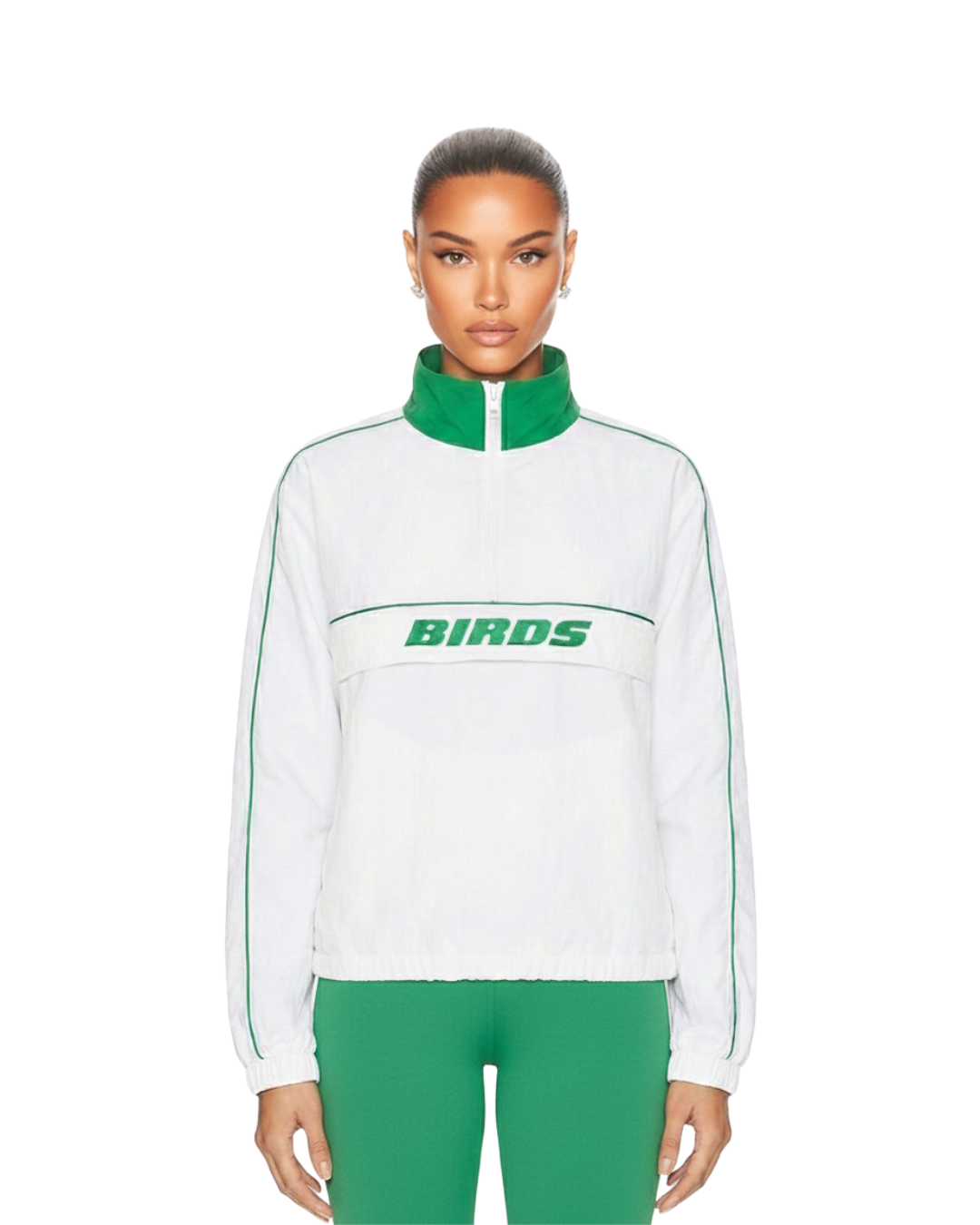 Model wearing a zipped-up South & Green BIRDS Windbreaker with a pair of South & Green Kelly Green Yoga Pants.