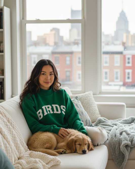Woman wearing South & Green BIRDS Varsity Mockneck while sitting on a couch with a dog and a large window showcasing the Philadelphia, PA, cityscape in the background.