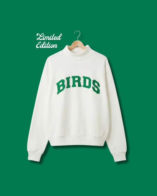 South & Green's Limited Edition White BIRDS Varsity Mockneck.