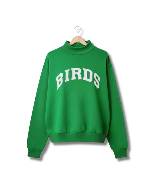 Kelly Green BIRDS Varsity Mockneck from South & Green on a white background.