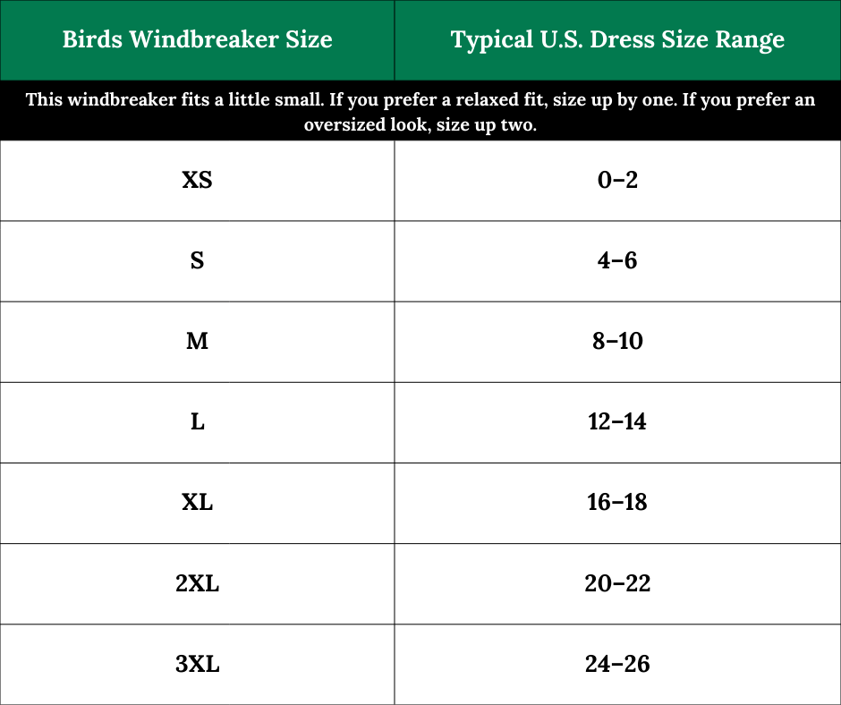 Size chart for South & Green's BIRDS Windbreaker comparing sizes to typical U.S. dress sizes.