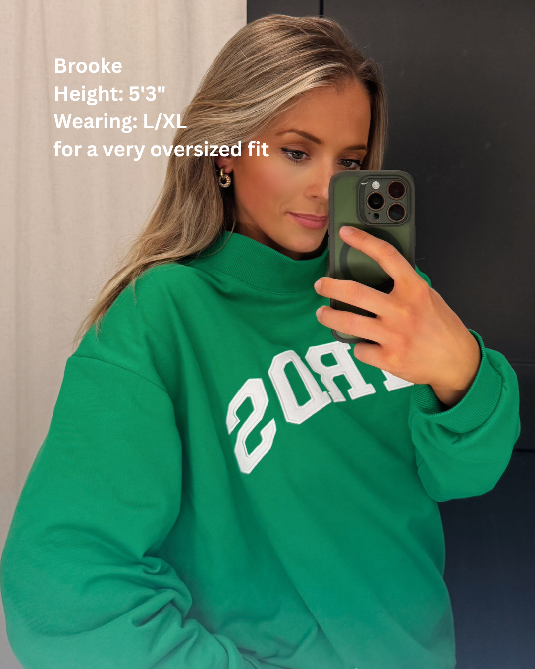 South & Green co-founder, Brooke, wearing South & Green's BIRDS Varsity Mockneck in size L/XL for a very oversized fit. 