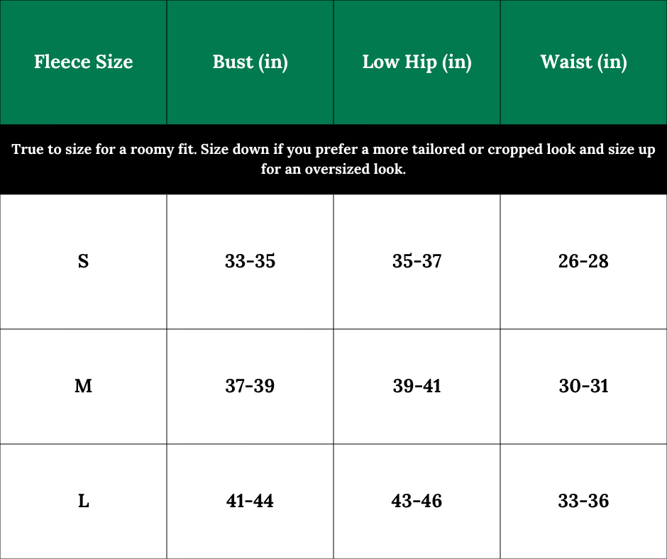 South & Green's Fleece Size Chart