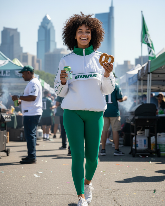 Woman wearing the South & Green BIRDS Windbreaker and Kelly Green Yoga Pants at a tailgate with Philadelphia, PA, city skyline in the background.