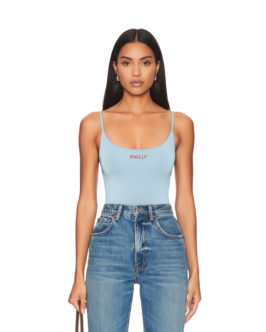 Model wearing S&G's Powder Blue PHILLY Bodysuit/.
