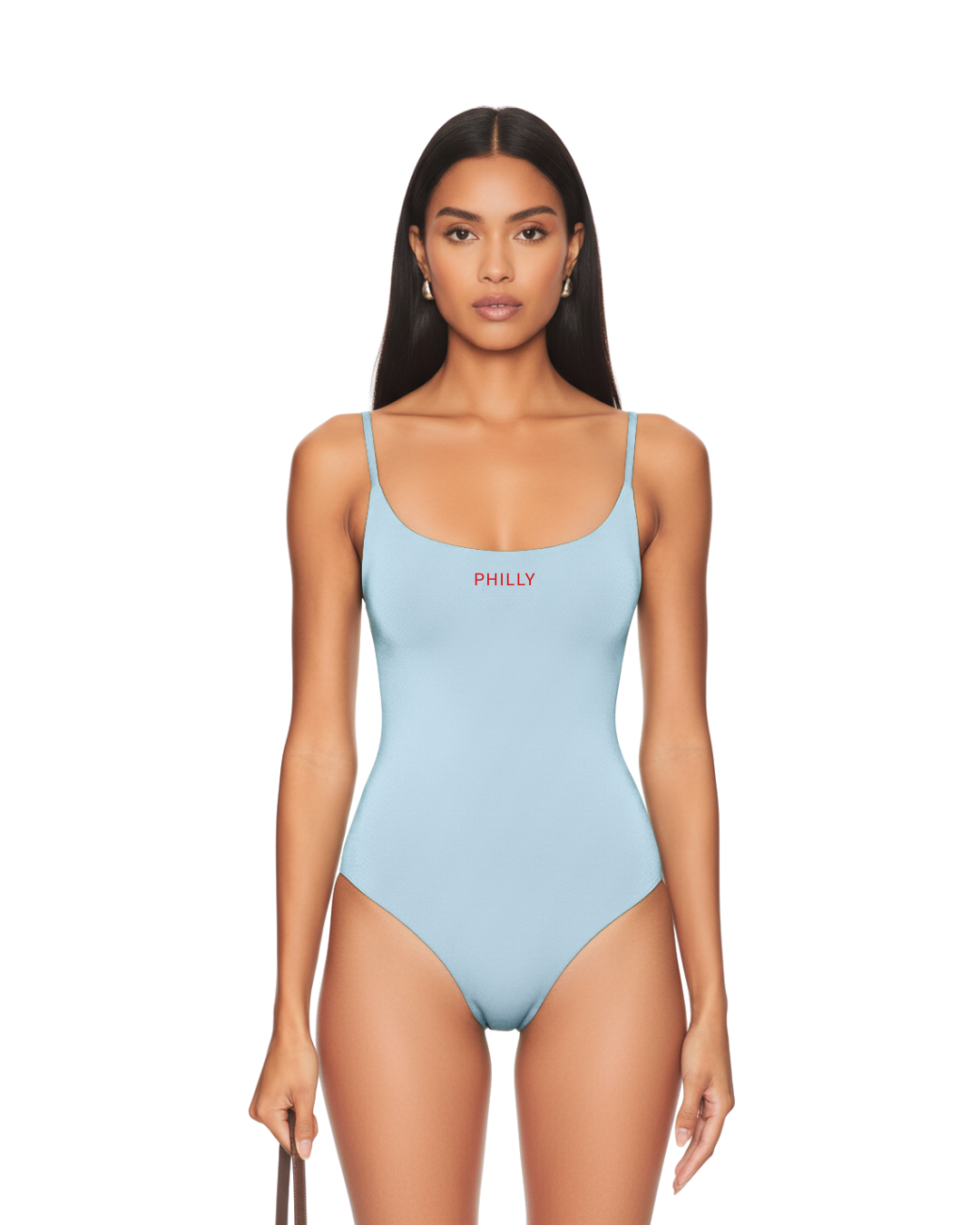 Model wearing S&G's Powder Blue PHILLY Bodysuit.
