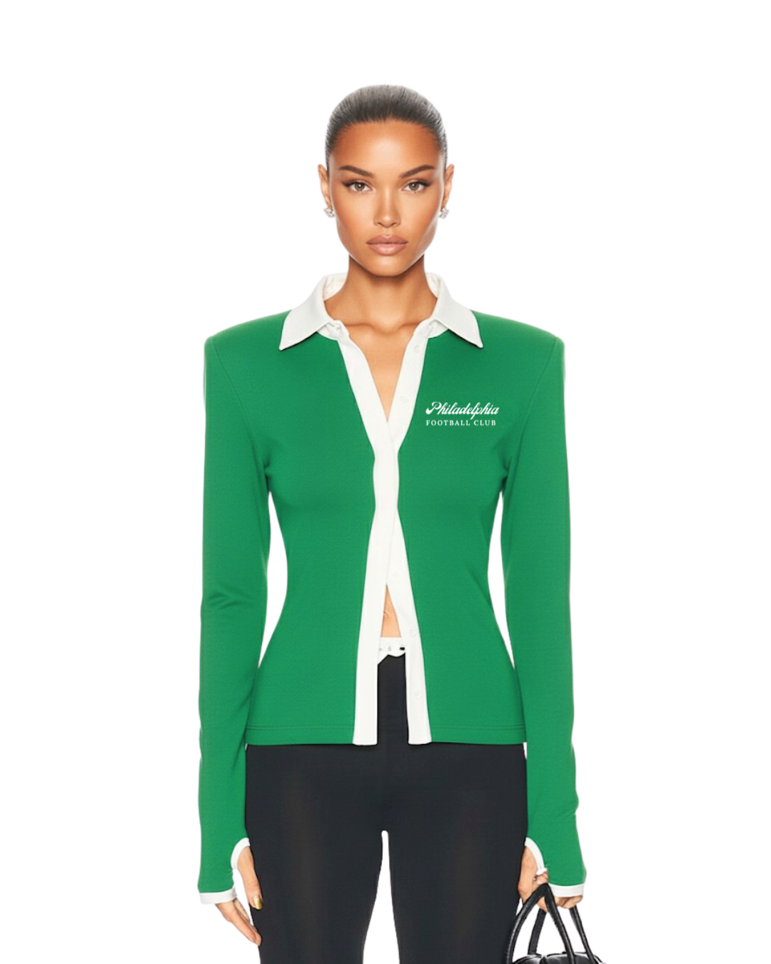 Model wearing South & Green's Limited-Edition Philadelphia Football Club Polo Top