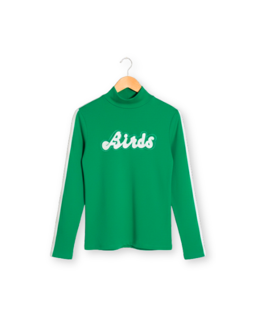 South & Green's Retro BIRDS Turtleneck sweater on a hanger against a white background.