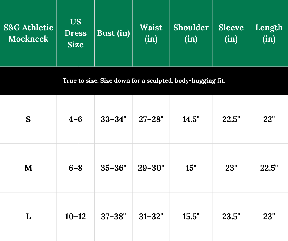 Size chart for S&G Athletic Mockneck with measurements in inches.