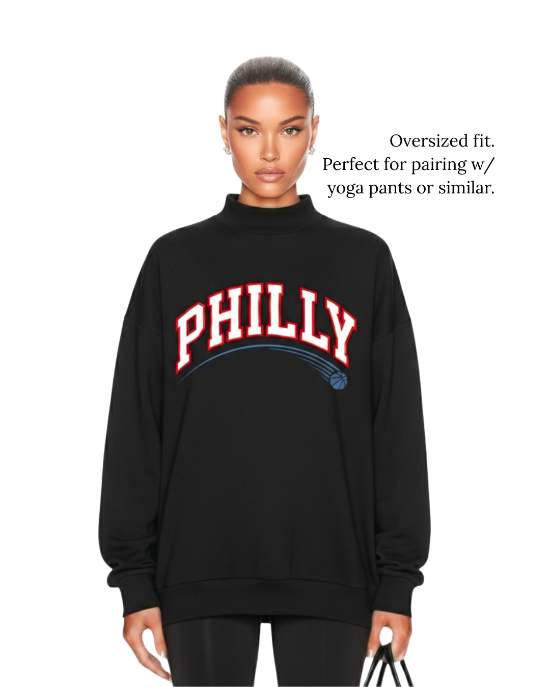 Model wearing S&G's Black PHILLY Varsity Mockneck