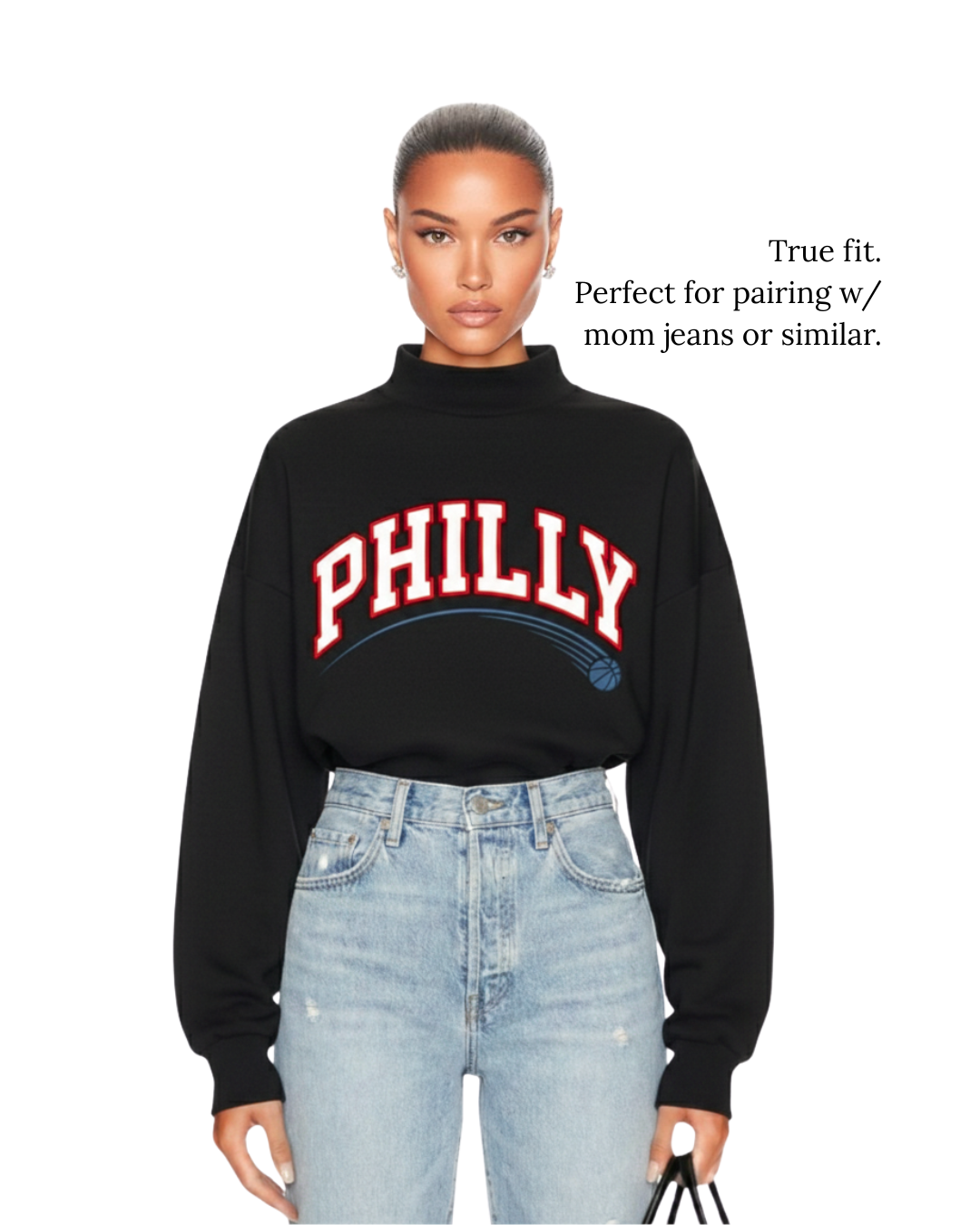 Model wearing S&G's Black PHILLY Varsity Mockneck.