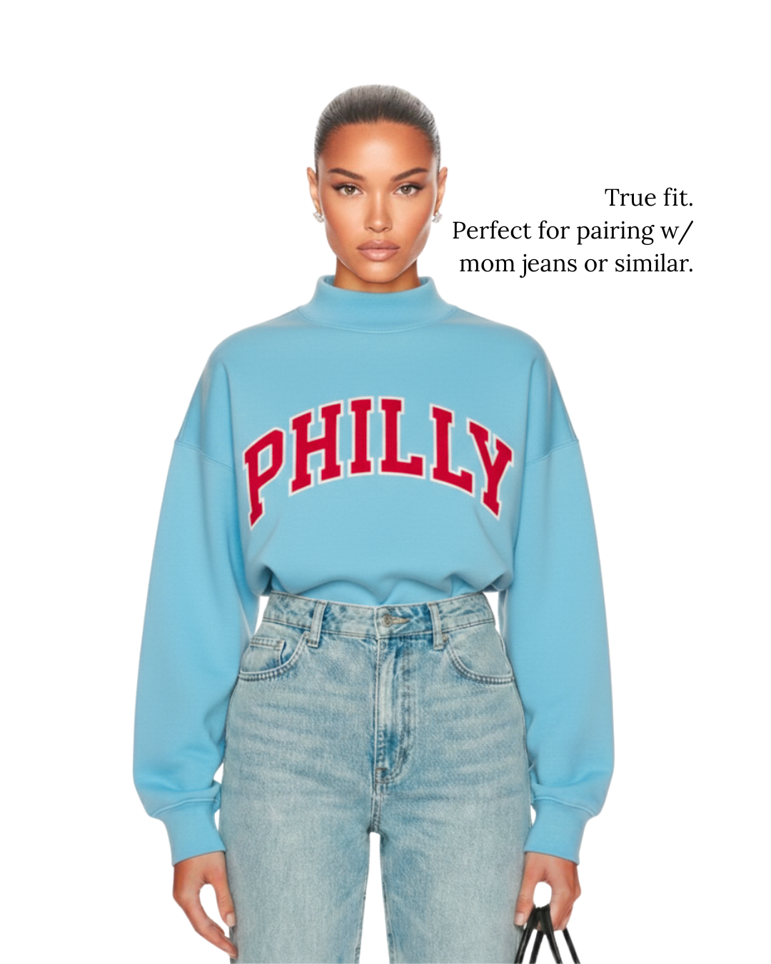 Model wearing S&G Blue PHILLY Varsity Mockneck