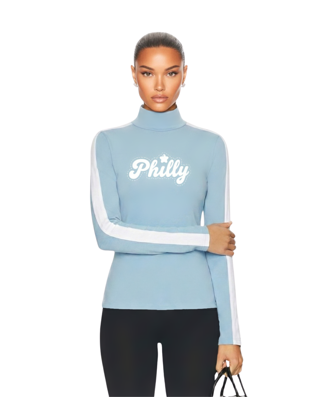 Model wearing S&G's Blue Retro PHILLY Mockneck