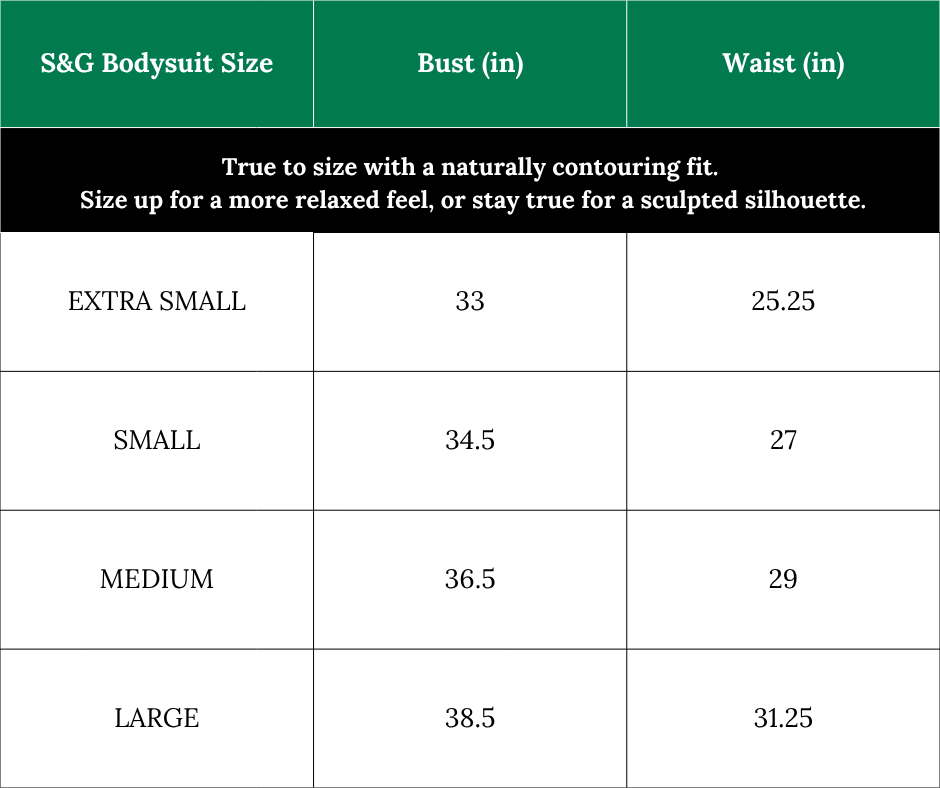 S&G Bodysuit size chart with bust and waist measurements for different sizes.