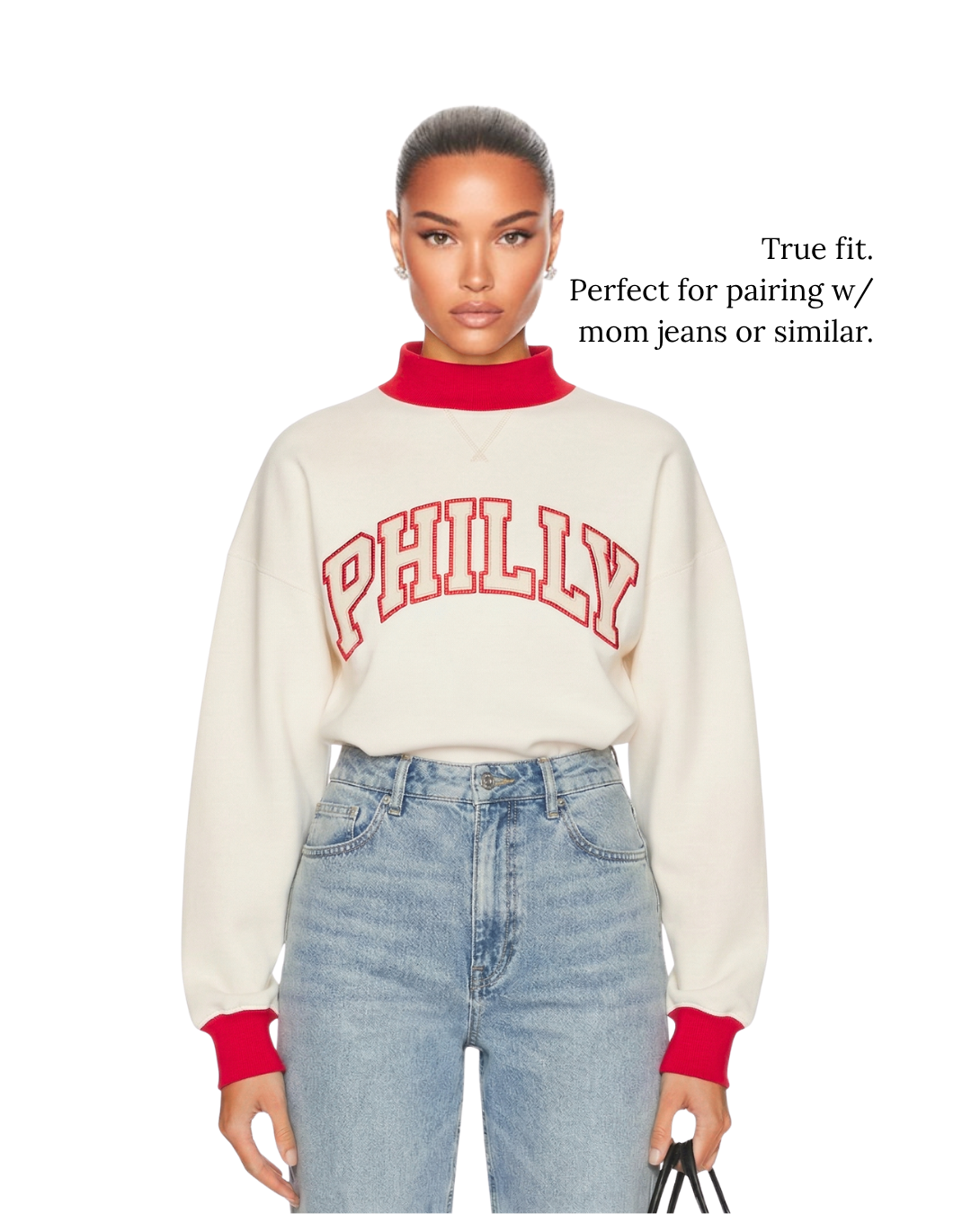 Model demonstrating a true fitment of the Heritage PHILLY Varsity Mockneck. 