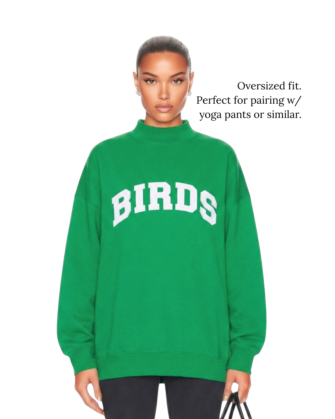Model wearing S&G's Kelly Green BIRDS Varsity Mockneck. 