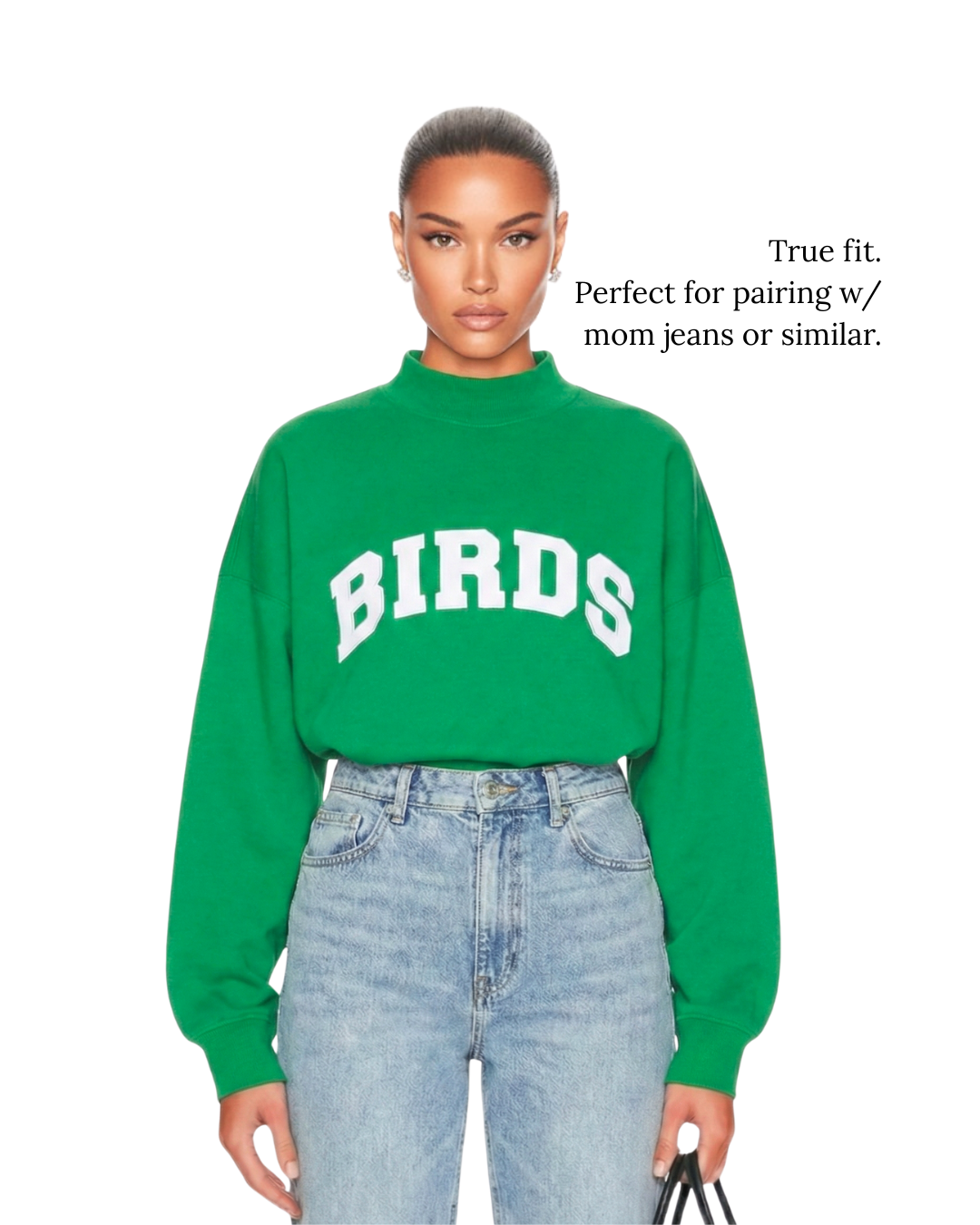 Model wearing S&G's Kelly Green BIRDS Varsity Mockneck.