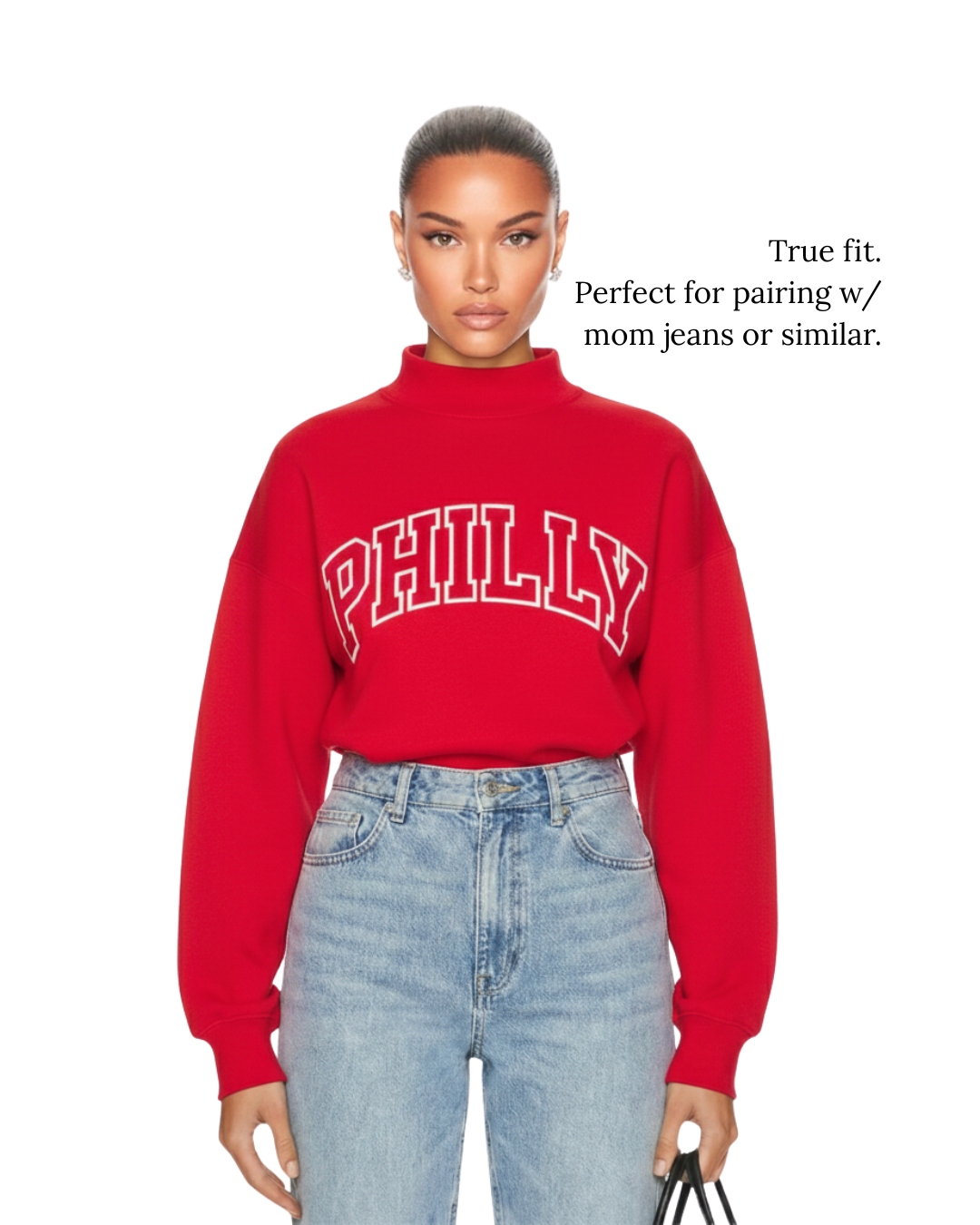 Model wearing S&G's Red PHILLY Varsity Mockneck