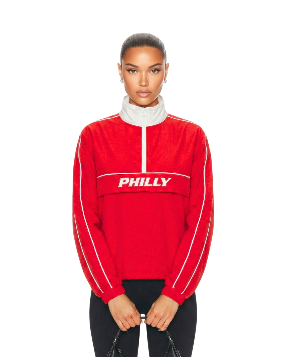 Model wearing S&G's Red PHILLY Windbreaker.
