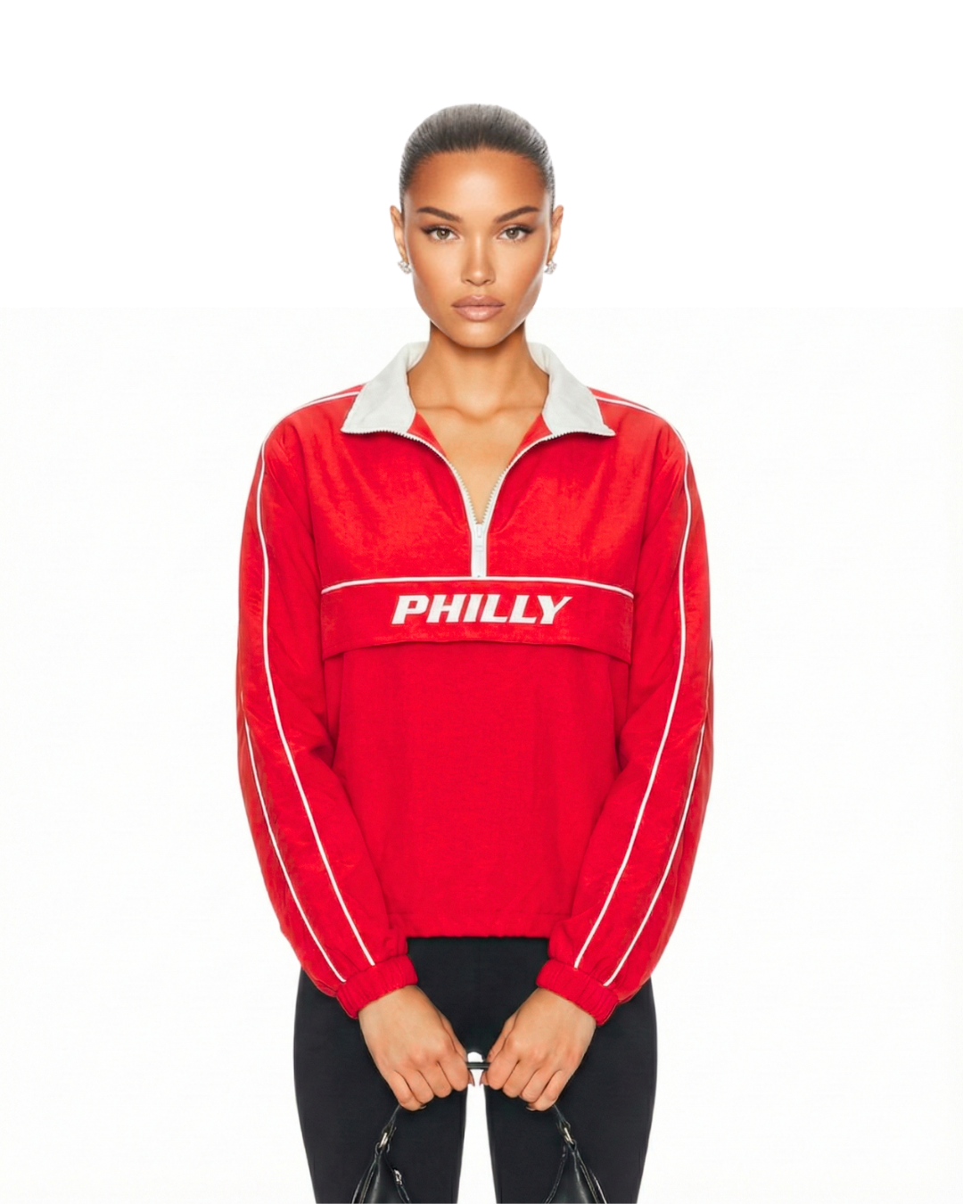 Model wearing S&G's Red PHILLY Windbreaker.