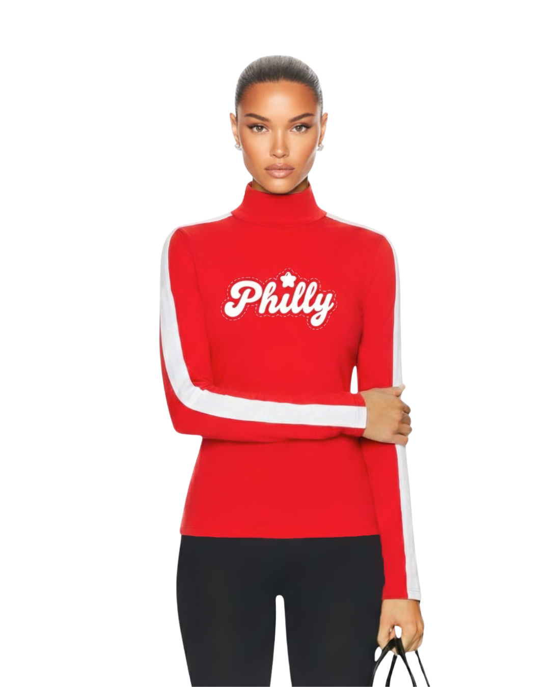 Model wearing S&G's Red Retro PHILLY Mockneck